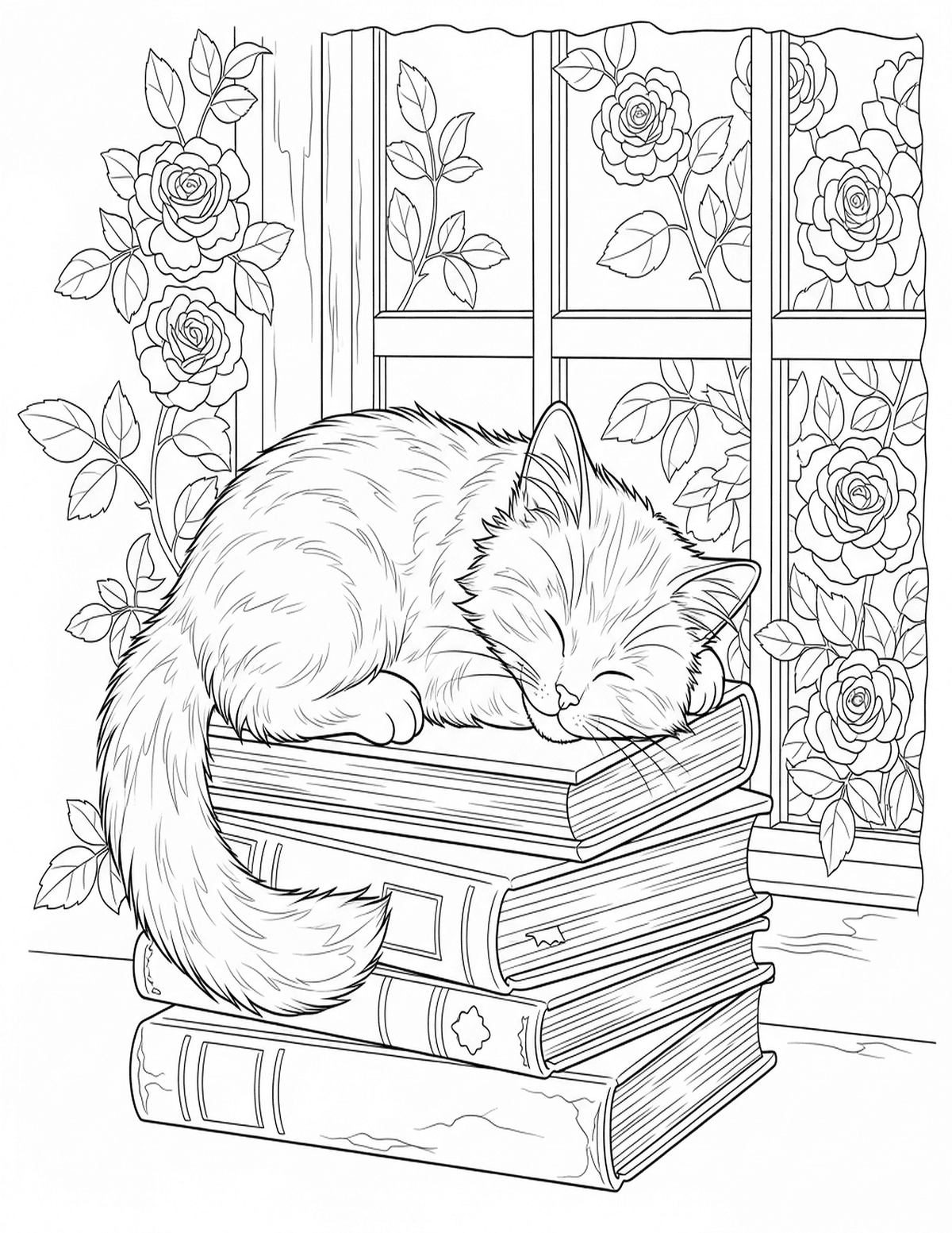 Kitten on Books coloring page