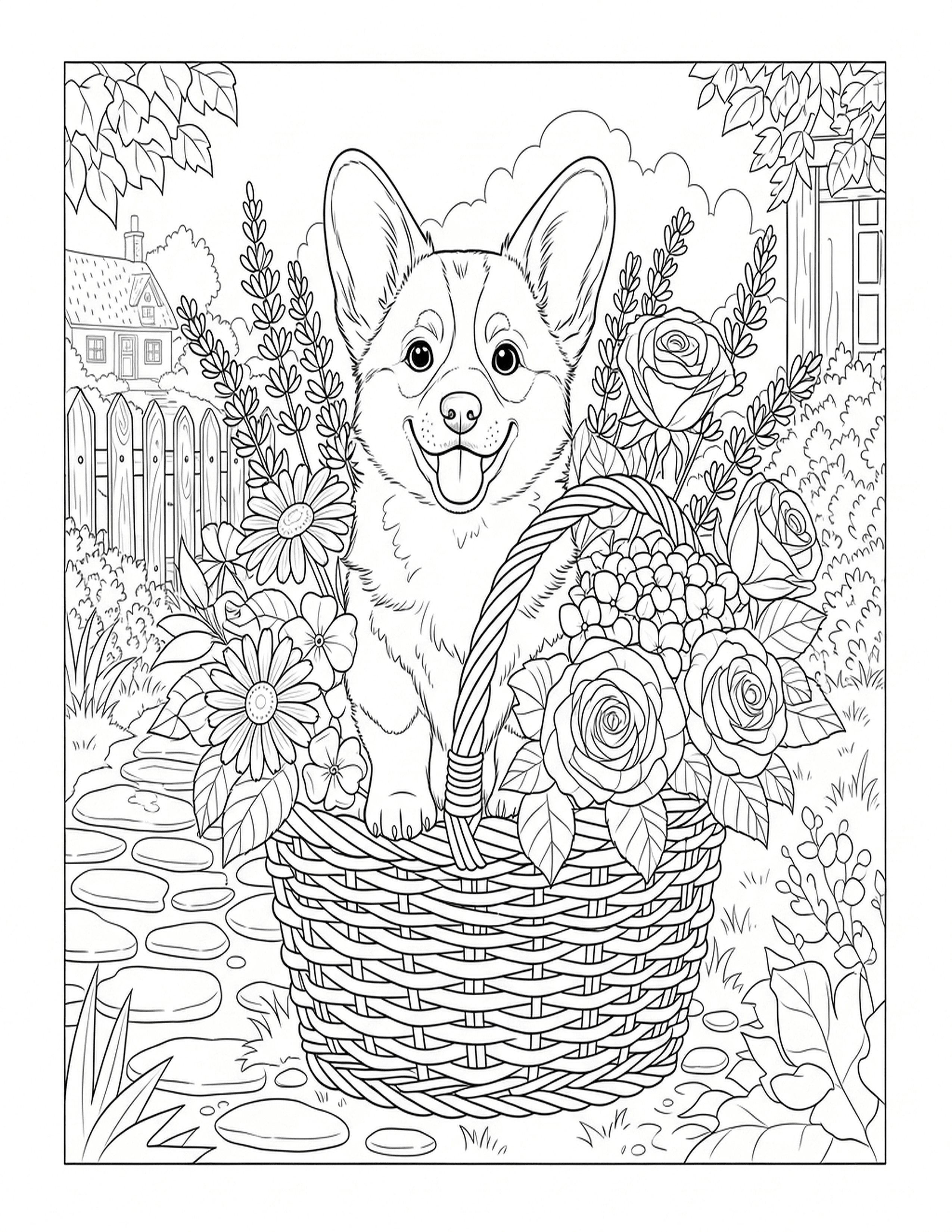 Corgi in Flower Basket