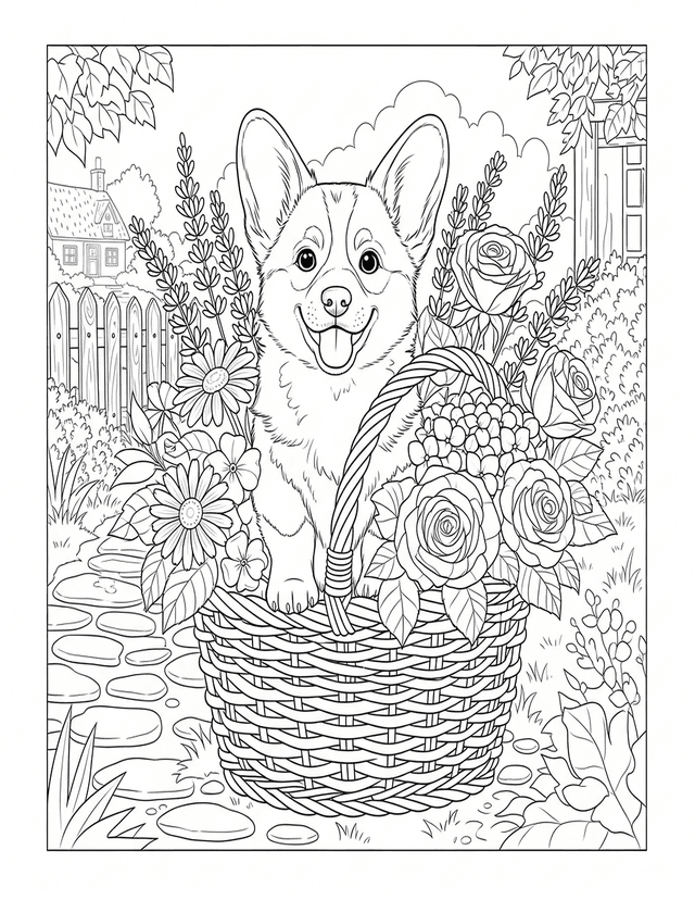 Corgi in Flower Basket coloring page