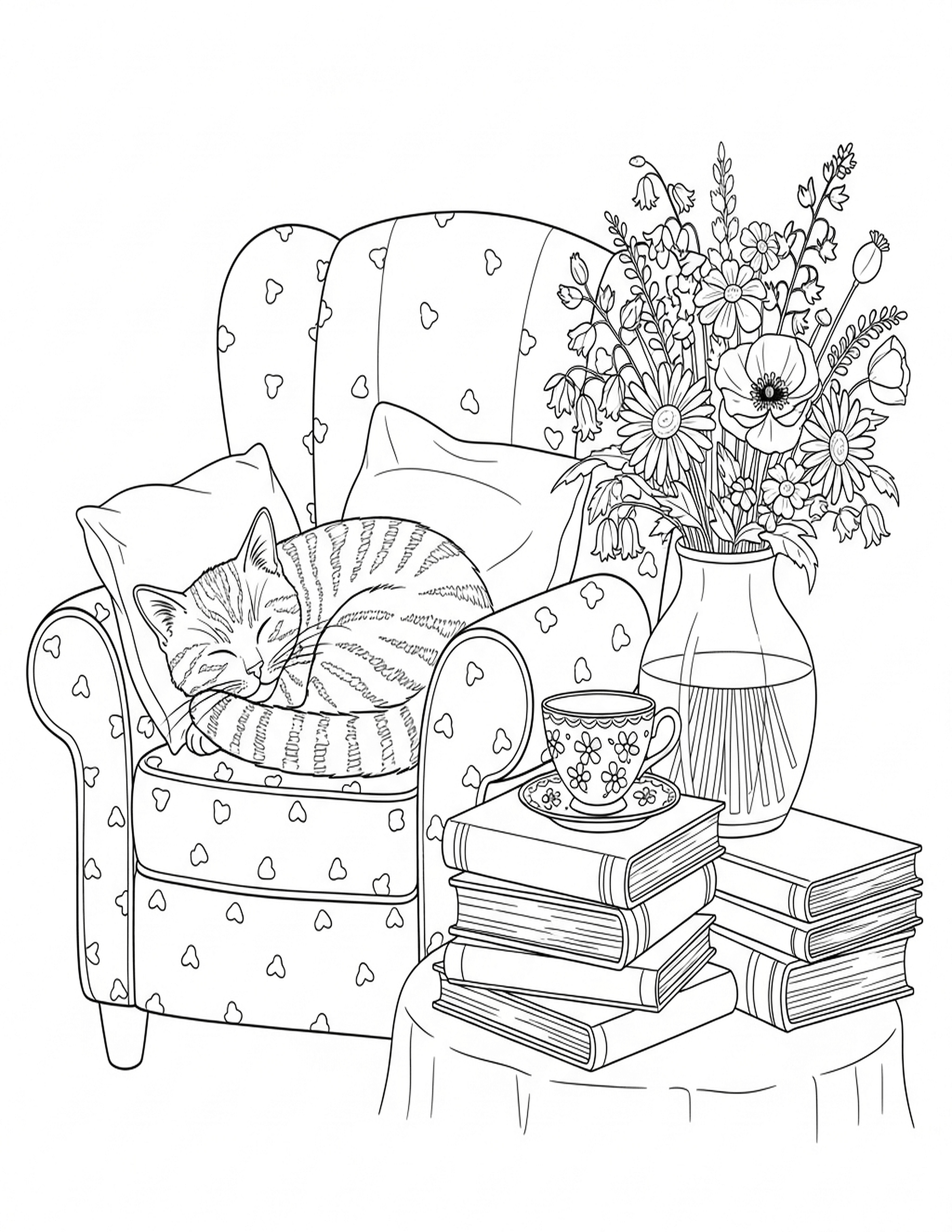 Cat, Armchair & Books